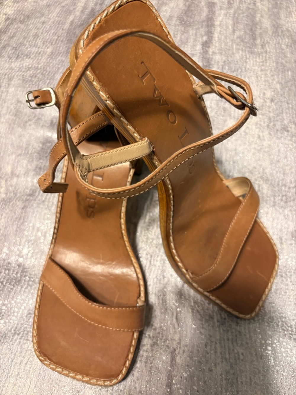 Vintage Two Lips Tan Leather Square-Toe Ankle-Strap Sandals
